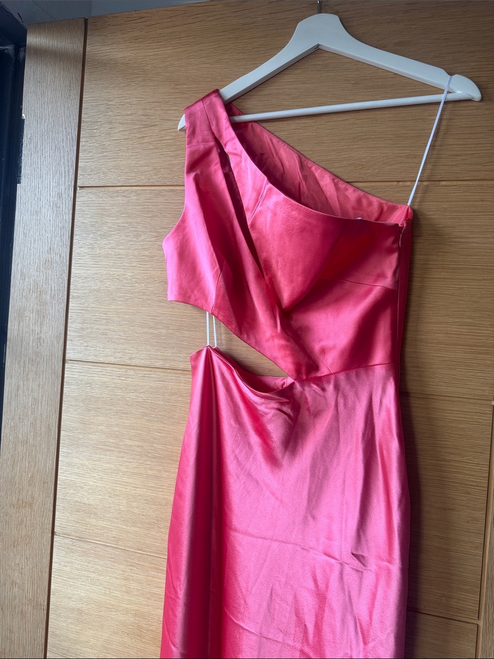ABS Allen Schwartz One-Shoulder Hot Pink Satin Evening Gown